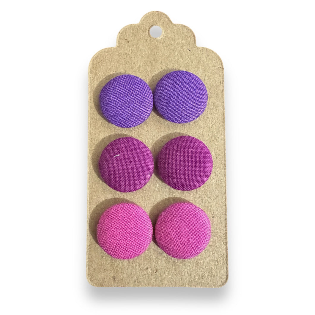 Upcycled fabric covered stud earrings with stainless steel posts - Set of 3 classic brights