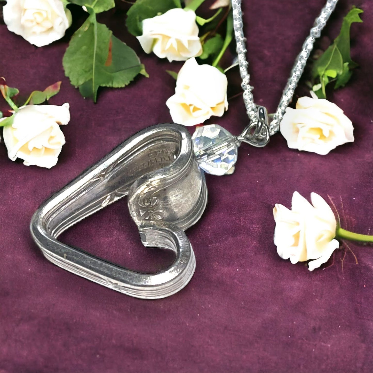 Pretty & romantic upcycled repurposed silver plate & glass bead heart pendant necklace