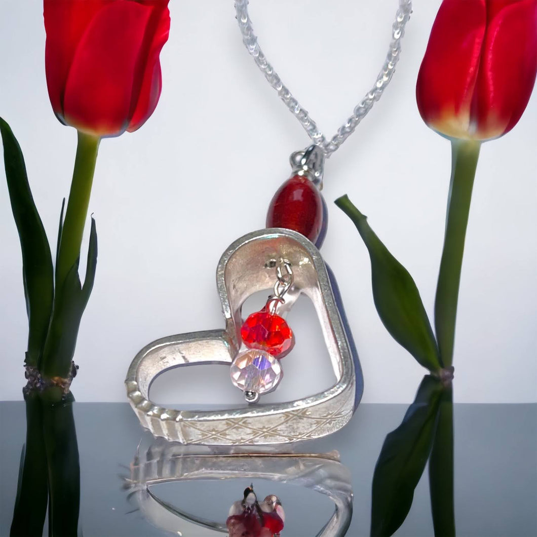 Beautiful & romantic upcycled repurposed silver plate & glass bead heart pendant necklace