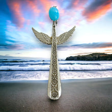 Load image into Gallery viewer, Pretty guardian angel hanging ornament made from upcycled silver plated cutlery &amp; glass  bead
