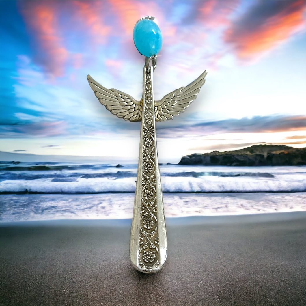 Pretty guardian angel hanging ornament made from upcycled silver plated cutlery & glass  bead