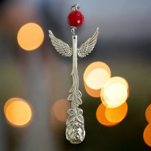 Load image into Gallery viewer, Gorgeous guardian angel hanging ornament made from upcycled silver plated cutlery &amp; glass  bead
