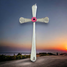 Load image into Gallery viewer, Beautiful crucifix cross hanging ornament made from upcycled silver plated cutlery &amp; glass cabouchon
