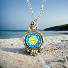 Load image into Gallery viewer, Stunning upcycled repurposed silver plated &amp; turquoise glass pendant necklace made from vintage spoon
