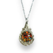 Load image into Gallery viewer, Stunning upcycled repurposed silver plated &amp; rainbow glass pendant necklace made from vintage spoon
