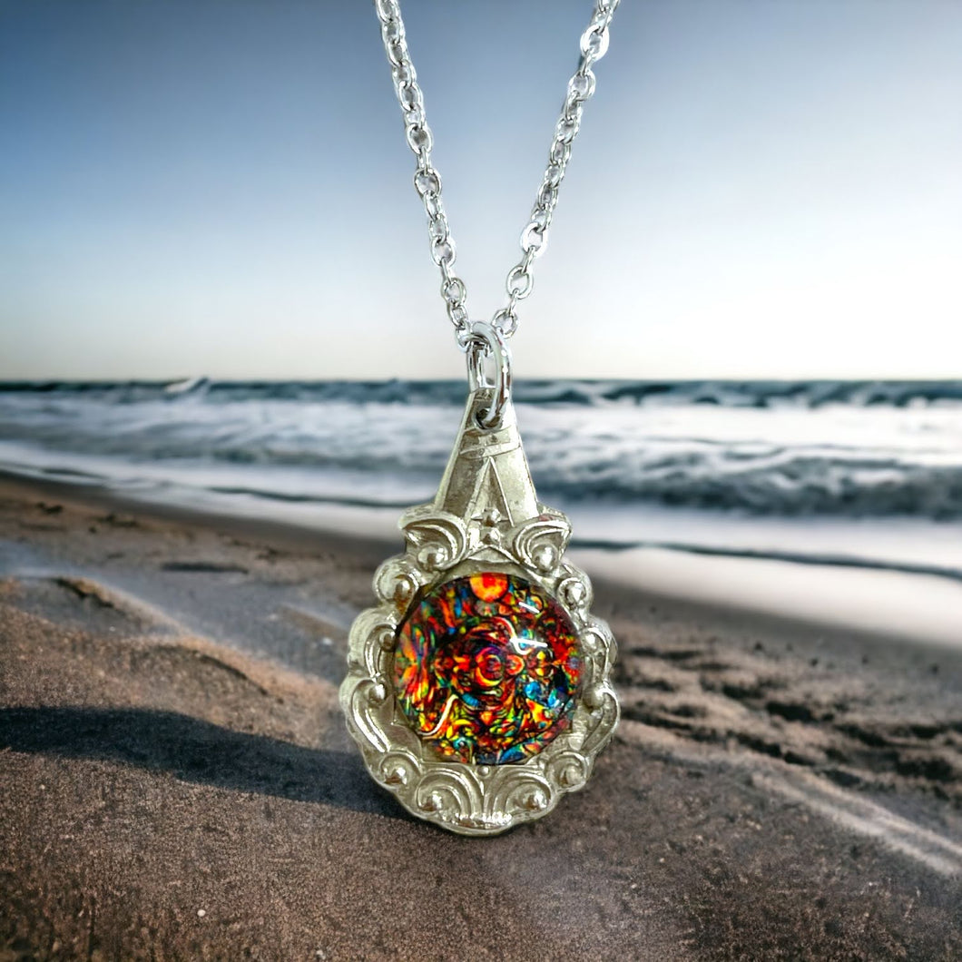 Stunning upcycled repurposed silver plated & rainbow glass pendant necklace made from vintage spoon