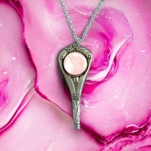 Load image into Gallery viewer, Stunning upcycled repurposed silver plated &amp; pink glass pendant necklace made from vintage spoon
