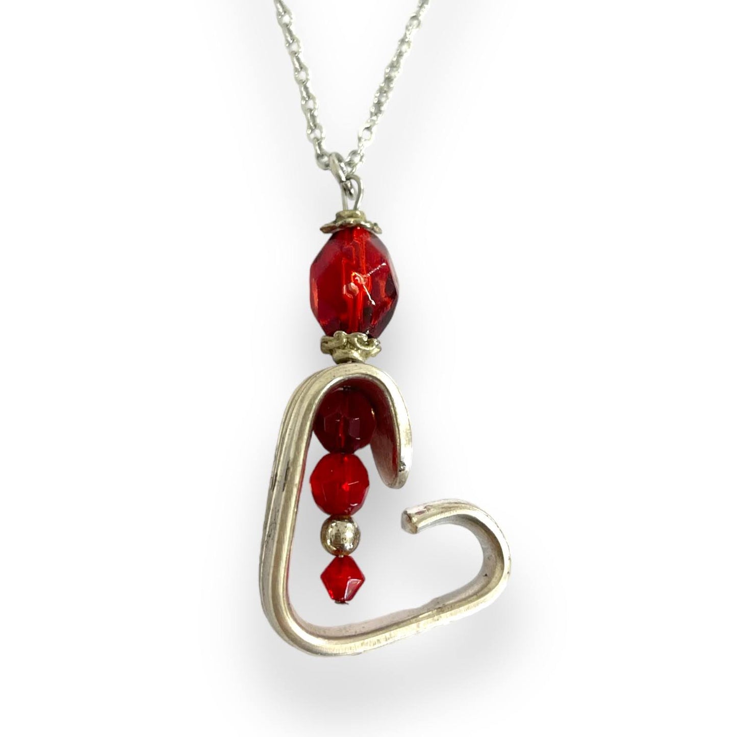 Handcrafted Ruby Heart Pendant Necklace | Reclaimed Silver-Plated Cutlery & Red Glass