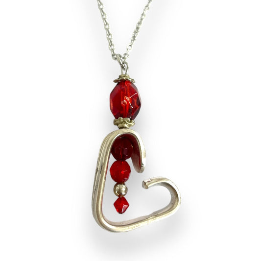Handcrafted Ruby Heart Pendant Necklace | Reclaimed Silver-Plated Cutlery & Red Glass