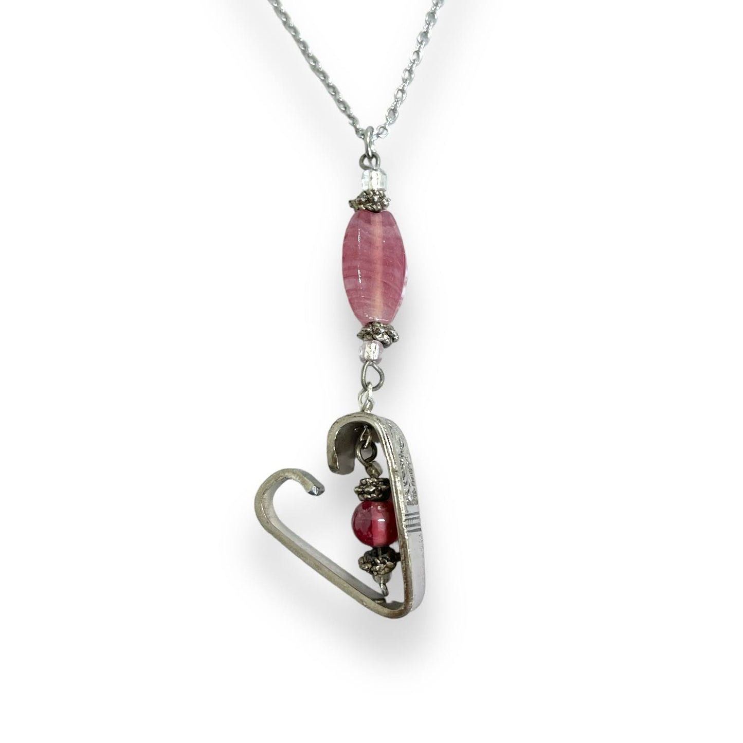Pretty & romantic upcycled repurposed silver plate & glass bead heart pendant necklace