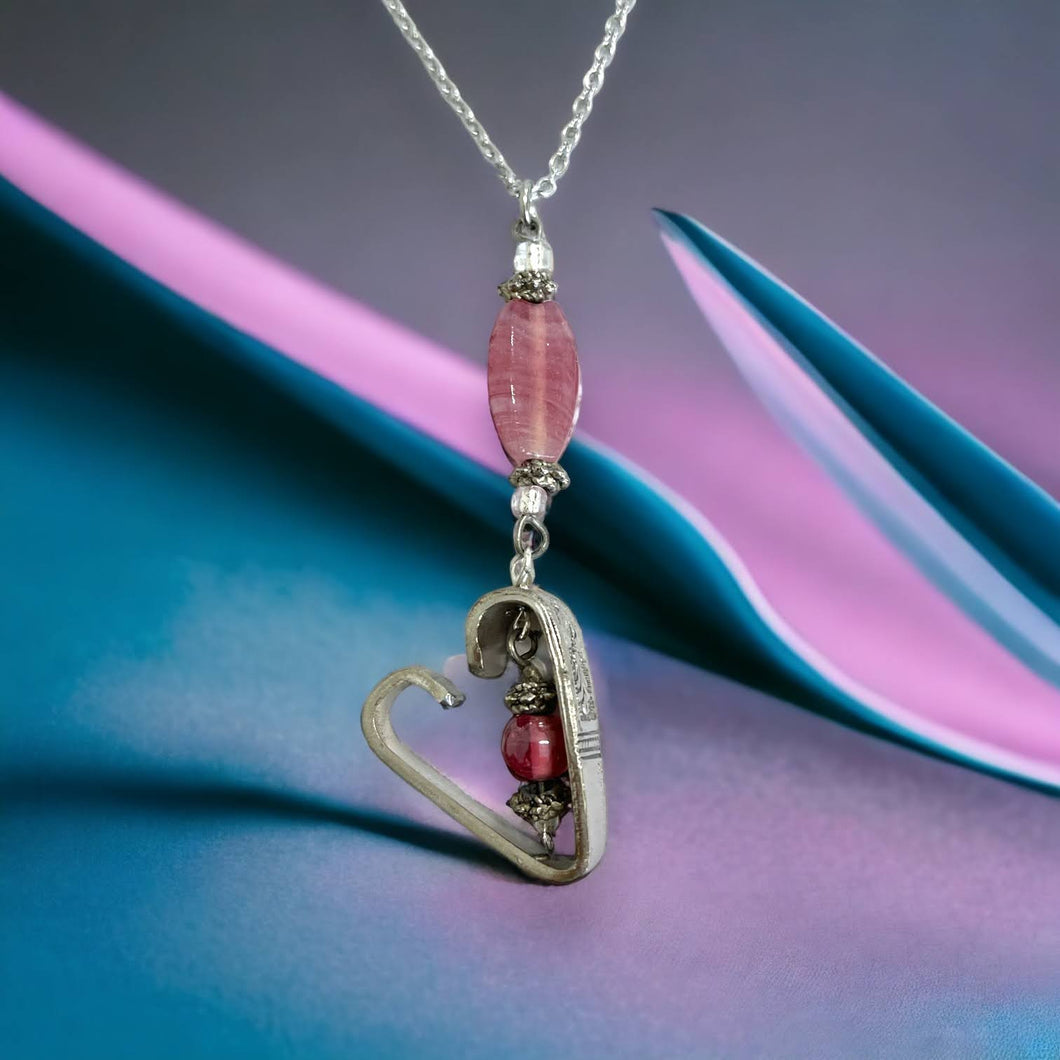 Pretty & romantic upcycled repurposed silver plate & glass bead heart pendant necklace