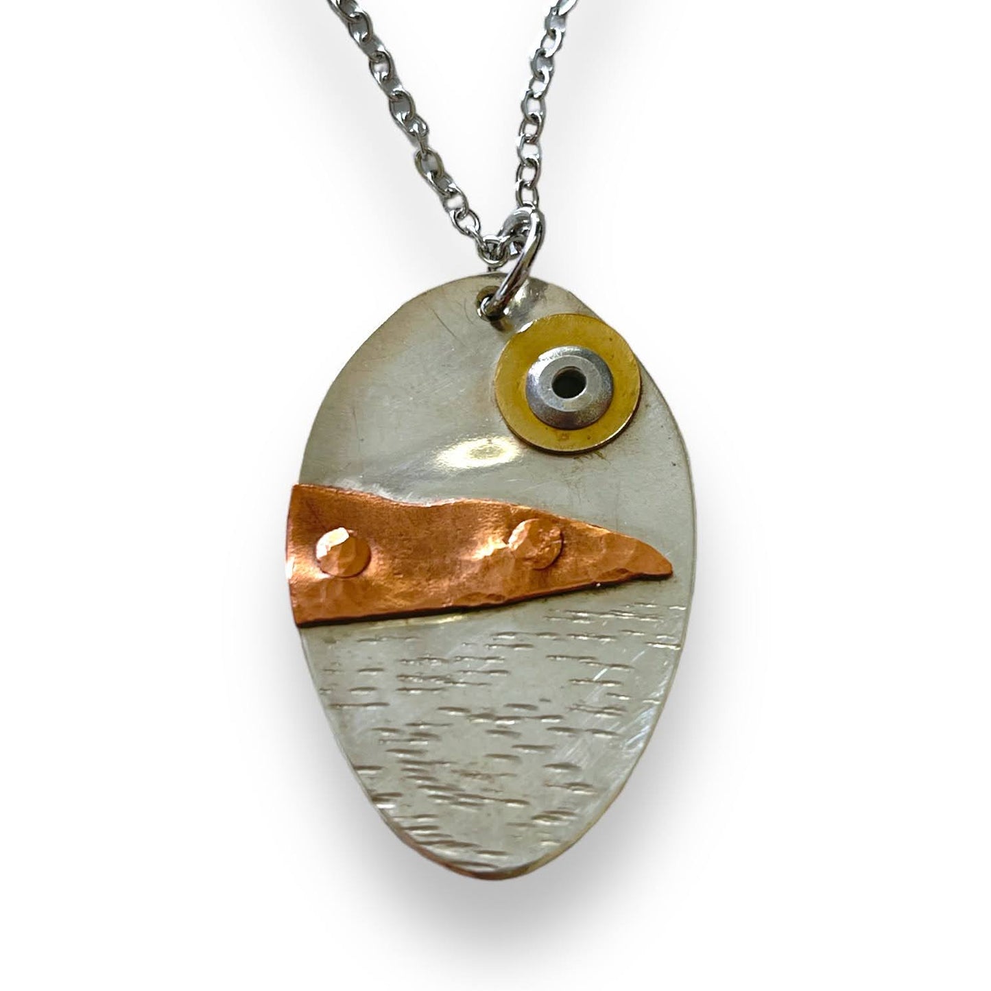 ARTISAN'S CHOICE: upcycled repurposed silver plated copper abstract landscape necklace