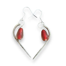 Load image into Gallery viewer, Beautiful red glass bead dangly upcycled repurposed silver plated earrings made from vintage fork
