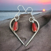 Load image into Gallery viewer, Beautiful red glass bead dangly upcycled repurposed silver plated earrings made from vintage fork
