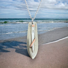 Load image into Gallery viewer, ARTISAN&#39;S CHOICE: upcycled repurposed silver plated copper surfboard necklace
