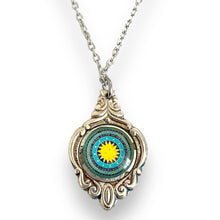 Load image into Gallery viewer, Stunning upcycled repurposed silver plated turquoise glass pendant necklace made from vintage spoon
