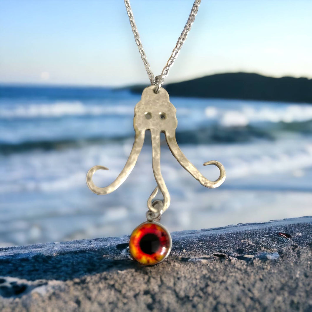 Beautiful upcycled repurposed textured silver plate octopus eye pendant necklace