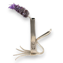 Load image into Gallery viewer, Beautiful upcycled silver plated steampunk style bud vase handmade from vintage cutlery
