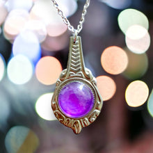 Load image into Gallery viewer, Stunning upcycled repurposed silver plated purple glass pendant necklace made from vintage spoon
