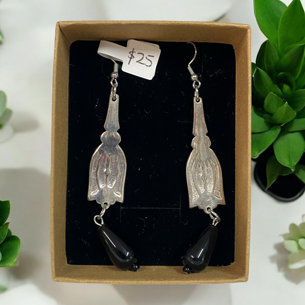 Upcycled repurposed silver cutlery and black glass bead earrings
