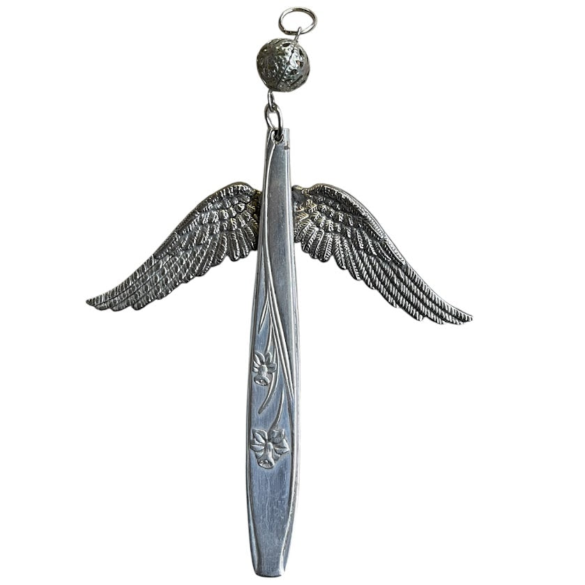 Pretty guardian angel hanging ornament made from upcycled silver plated cutlery & glass bead