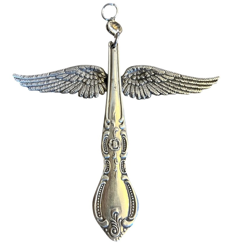 Pretty guardian angel hanging ornament made from upcycled silver plated cutlery & glass bead