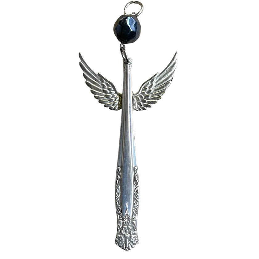 Pretty guardian angel hanging ornament made from upcycled silver plated cutlery & glass bead