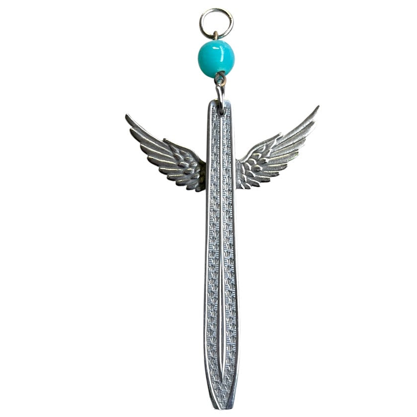 Pretty guardian angel hanging ornament made from upcycled silver plated cutlery & glass bead