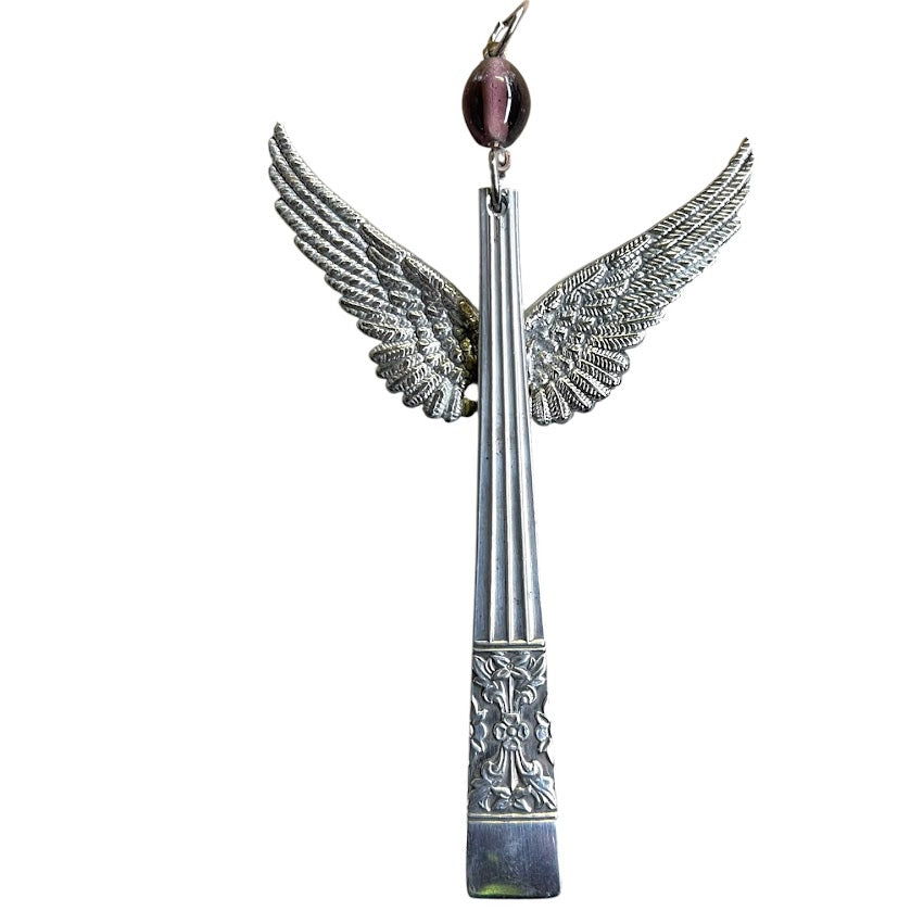 Pretty guardian angel hanging ornament made from upcycled silver plated cutlery & glass bead