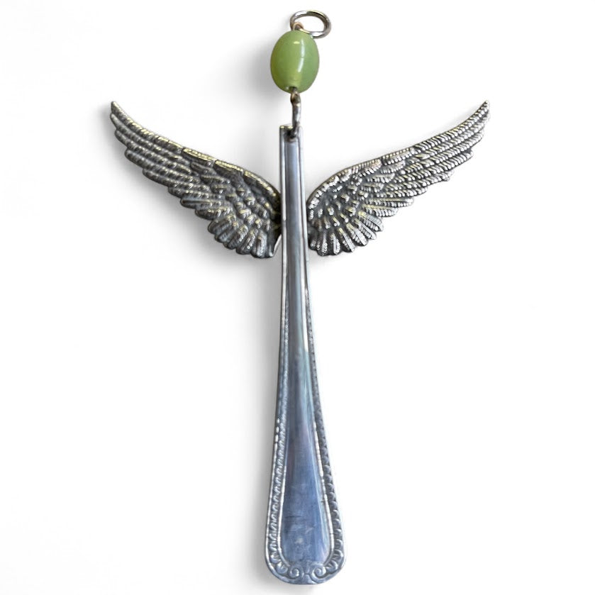 Pretty guardian angel hanging ornament made from upcycled silver plated cutlery & glass bead