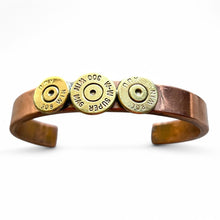 Load image into Gallery viewer, Upcycled and repurposed heavy copper bracelet with 3 bullet ends
