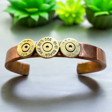 Load image into Gallery viewer, Upcycled and repurposed heavy copper bracelet with 3 bullet ends
