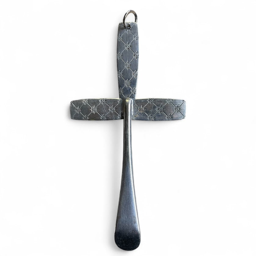 Beautiful crucifix cross hanging ornament made from upcycled silver plated cutlery