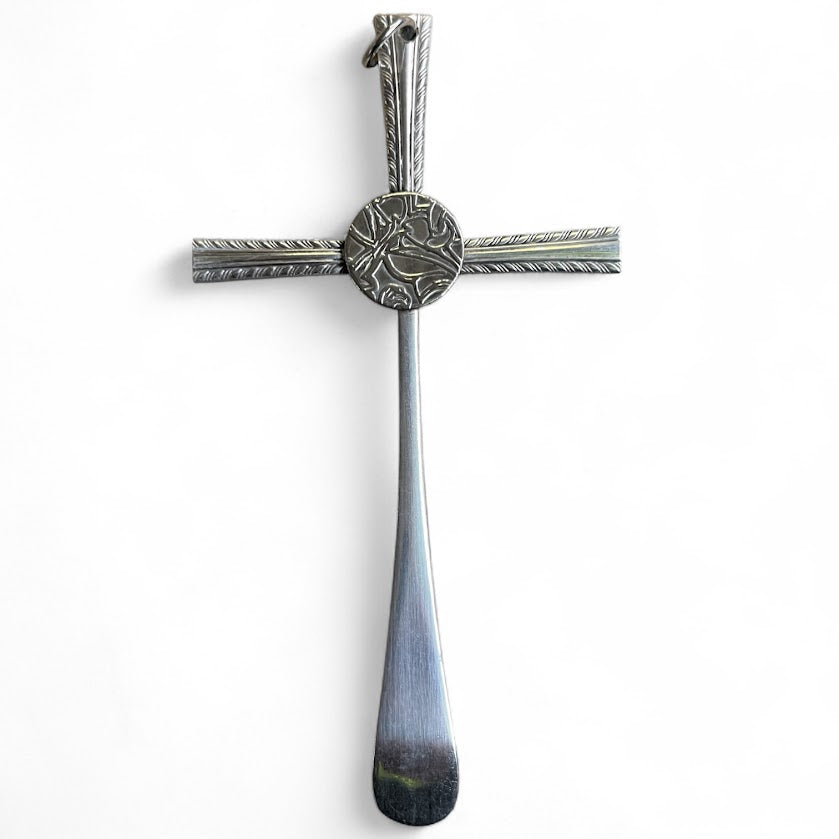 Beautiful crucifix cross hanging ornament made from upcycled silver plated cutlery