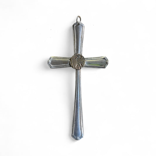 Beautiful crucifix cross hanging ornament made from upcycled silver plated cutlery