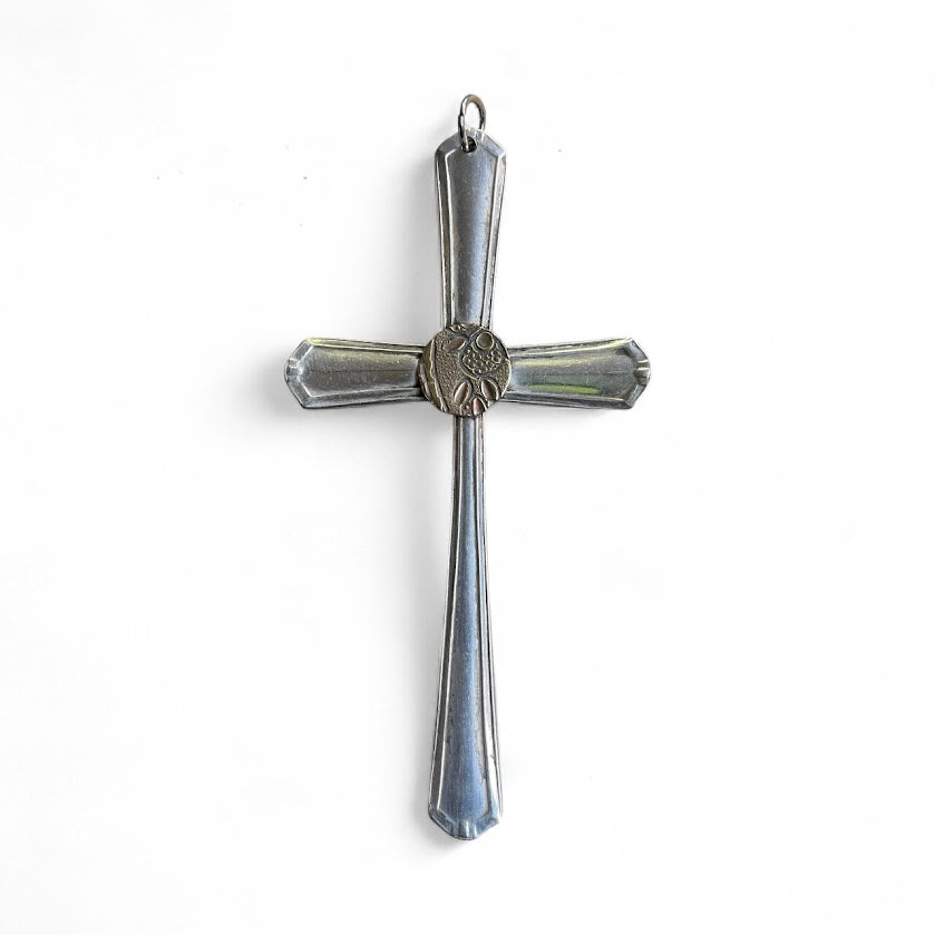 Beautiful crucifix cross hanging ornament made from upcycled silver plated cutlery