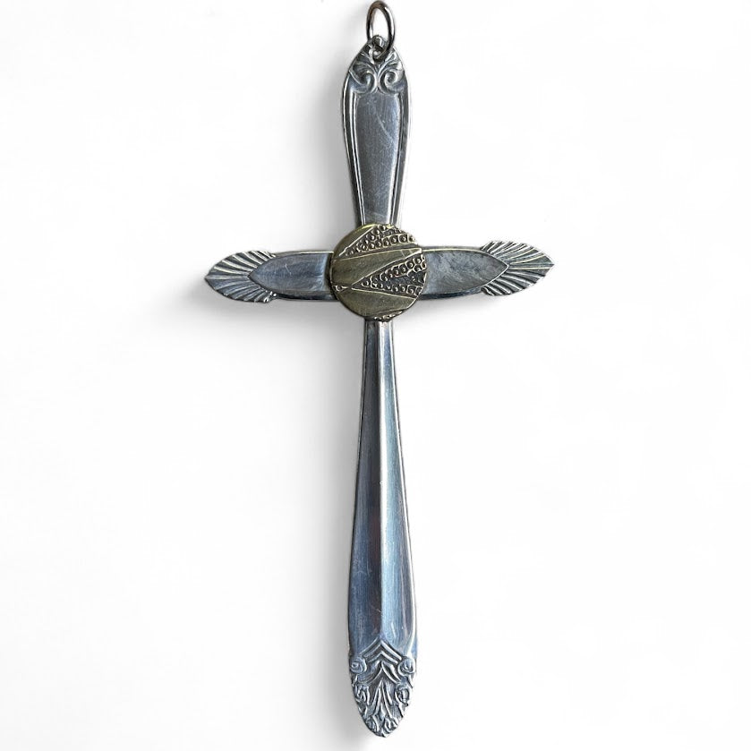 Beautiful crucifix cross hanging ornament made from upcycled silver plated cutlery