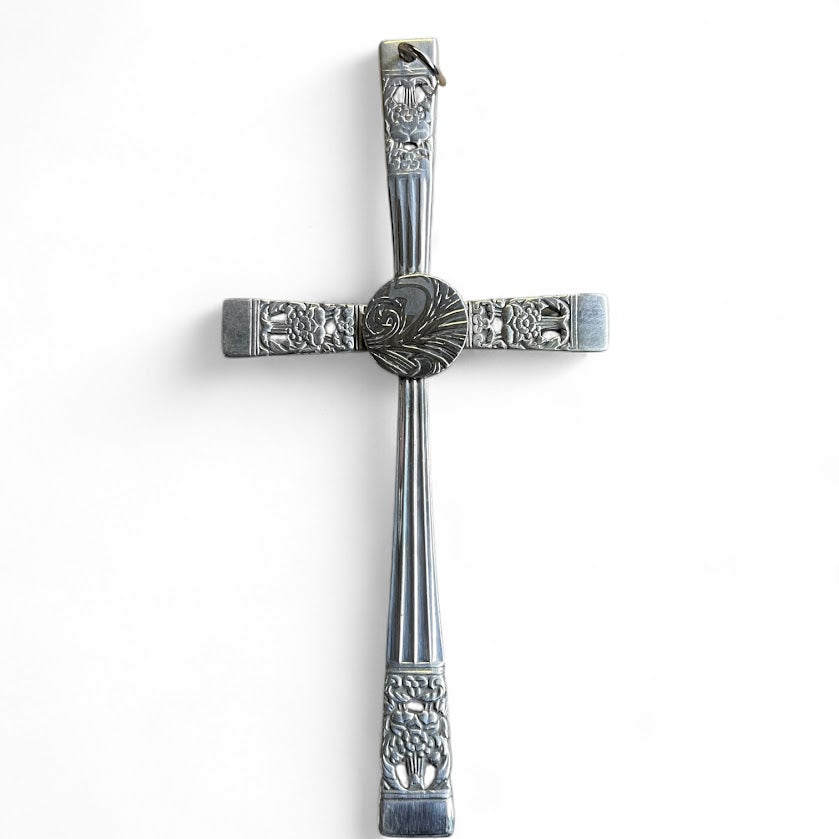 Beautiful crucifix cross hanging ornament made from upcycled silver plated cutlery