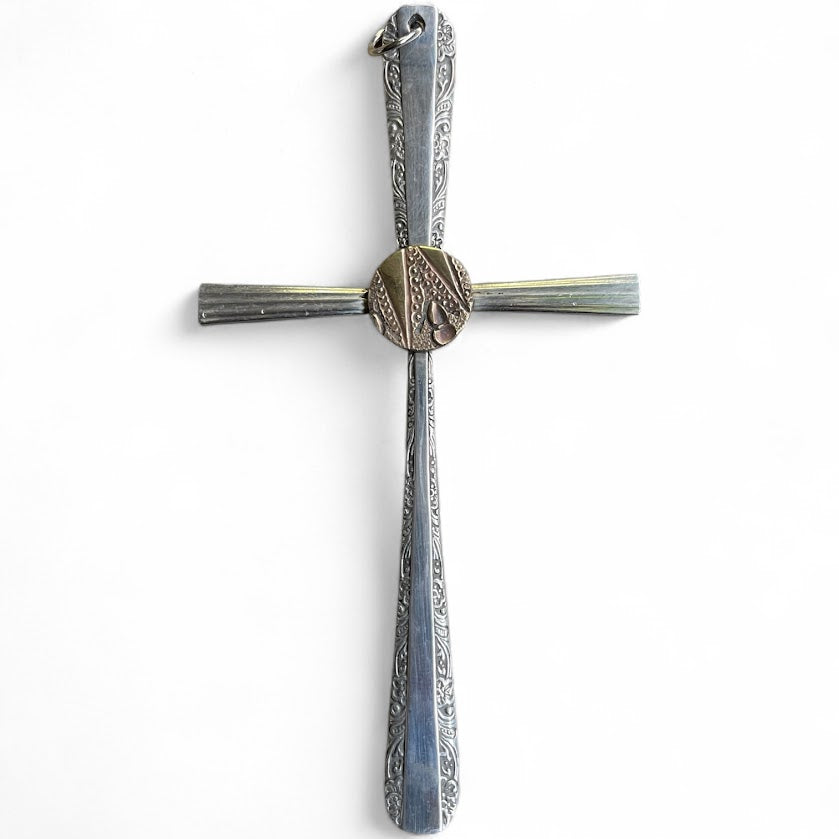 Beautiful crucifix cross hanging ornament made from upcycled silver plated cutlery