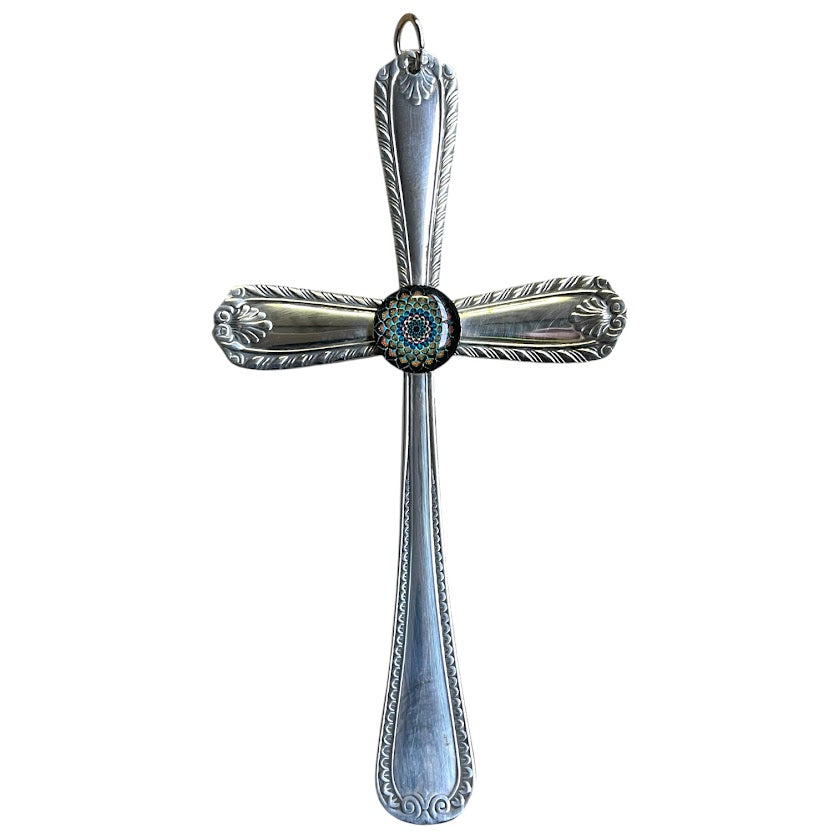 Beautiful crucifix cross hanging ornament made from upcycled silver plated cutlery