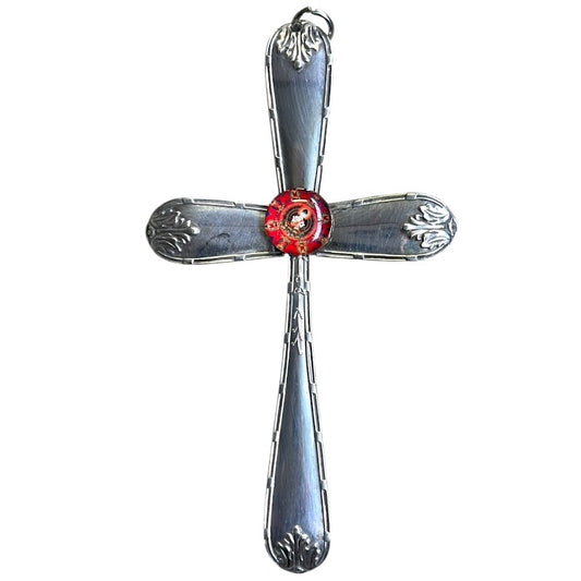 Beautiful crucifix cross hanging ornament made from upcycled silver plated cutlery