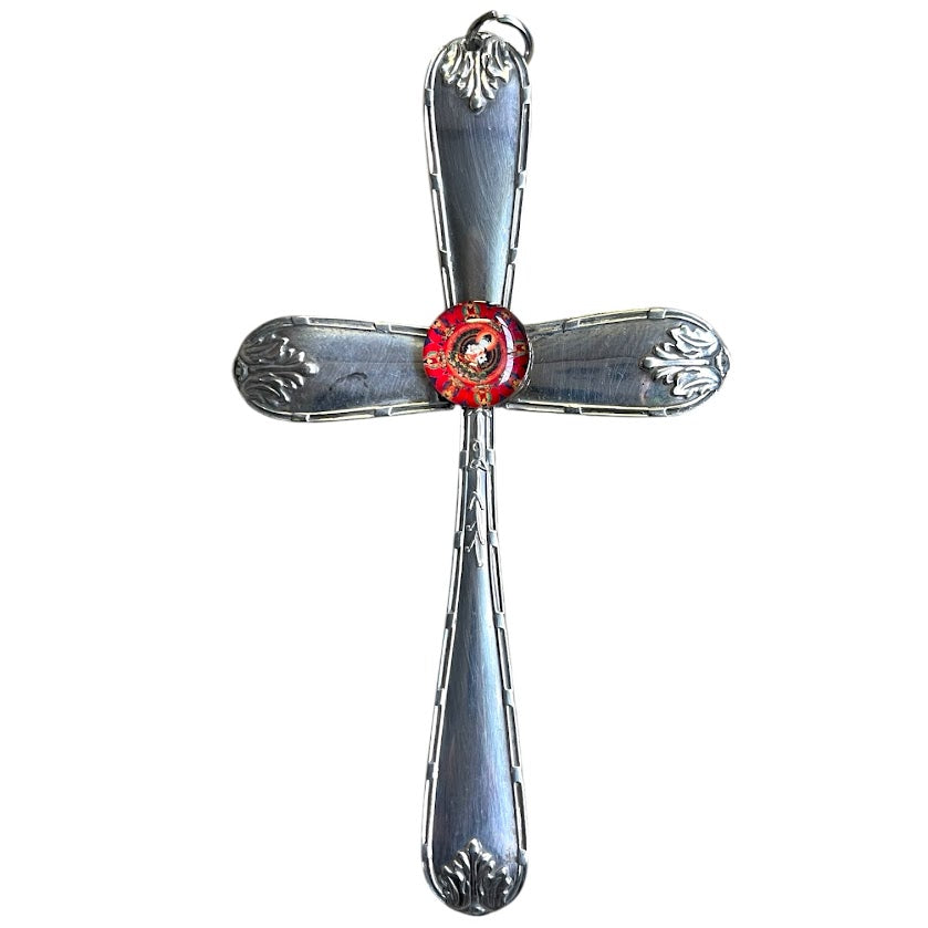 Beautiful crucifix cross hanging ornament made from upcycled silver plated cutlery