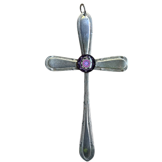 Beautiful crucifix cross hanging ornament made from upcycled silver plated cutlery
