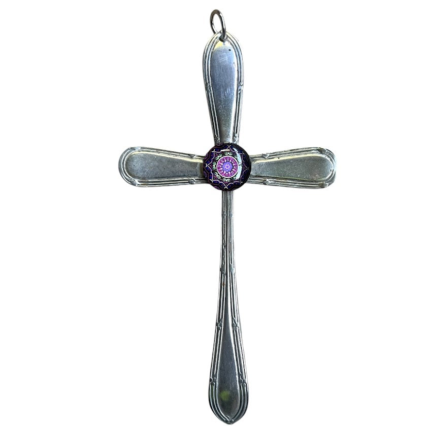 Beautiful crucifix cross hanging ornament made from upcycled silver plated cutlery