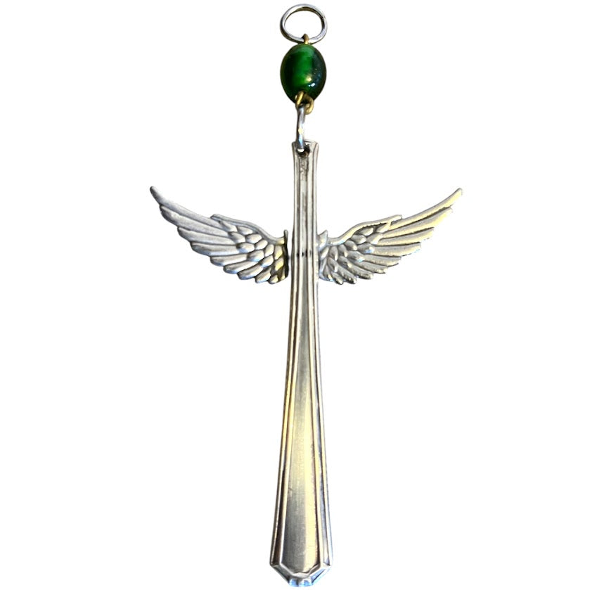 Pretty guardian angel hanging ornament made from upcycled silver plated cutlery & glass bead