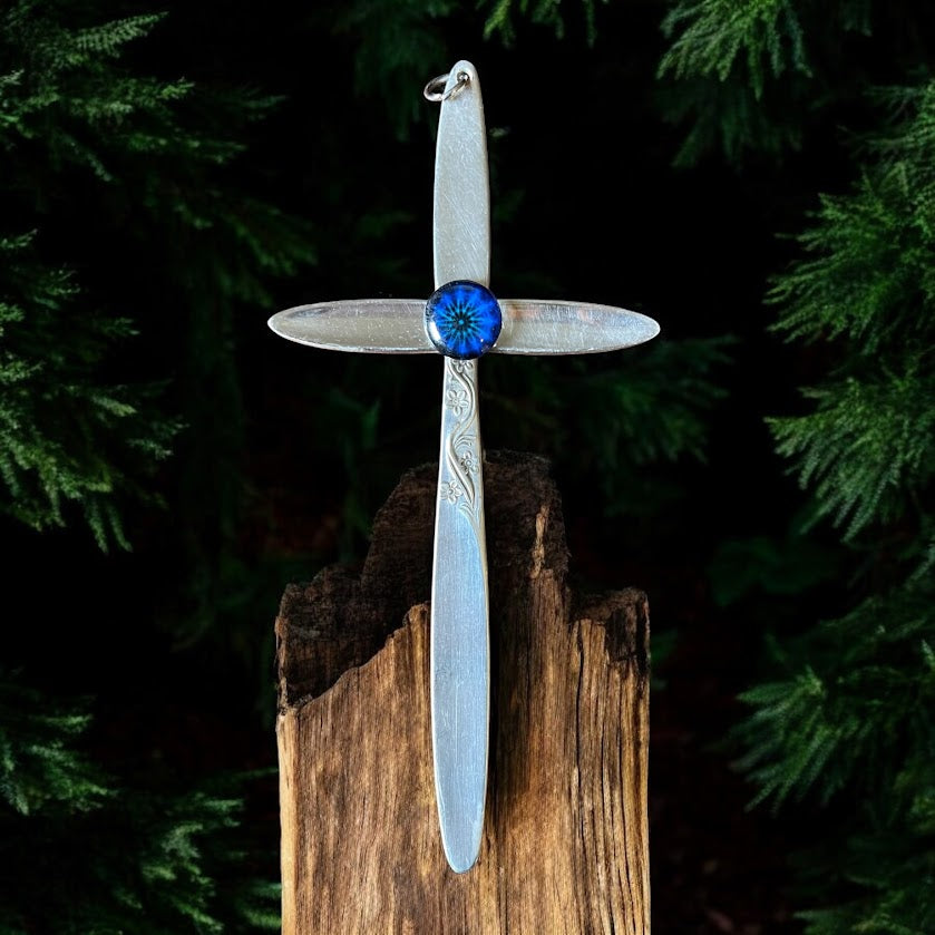 Beautiful crucifix cross hanging ornament made from upcycled silver plated cutlery