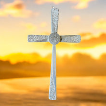 Load image into Gallery viewer, Beautiful crucifix cross hanging ornament made from upcycled silver plated cutlery
