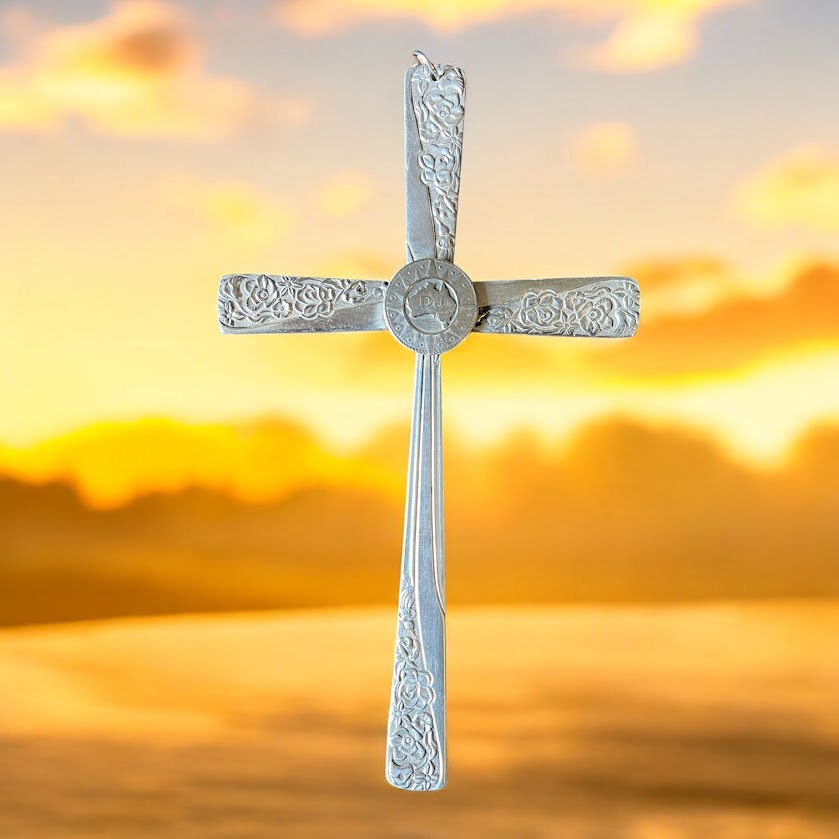 Beautiful crucifix cross hanging ornament made from upcycled silver plated cutlery