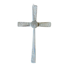 Load image into Gallery viewer, Beautiful crucifix cross hanging ornament made from upcycled silver plated cutlery
