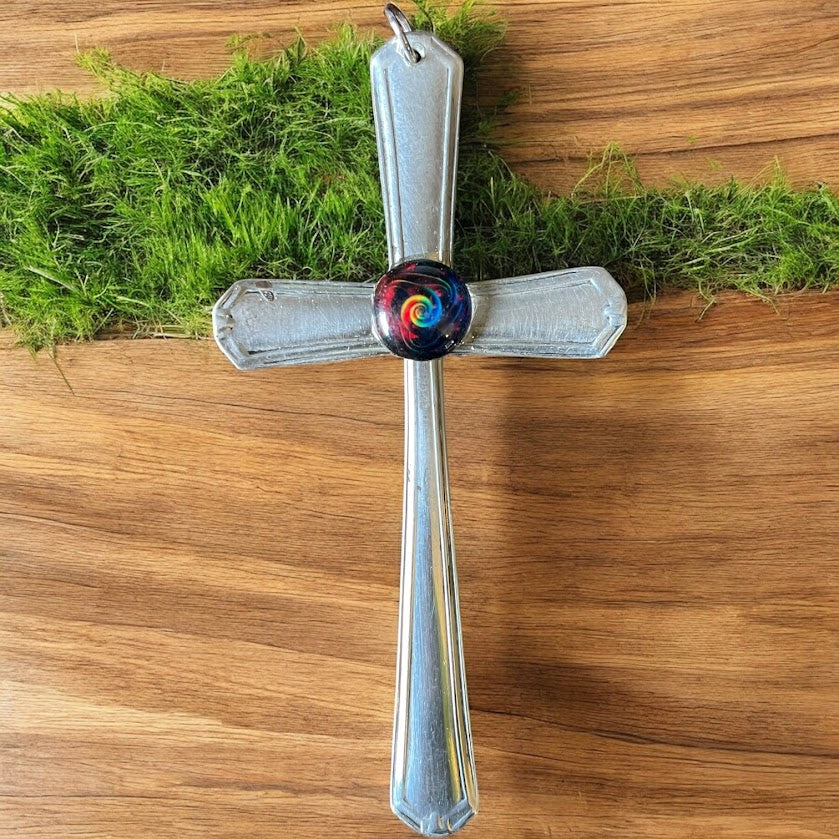 Beautiful crucifix cross hanging ornament made from upcycled silver plated cutlery